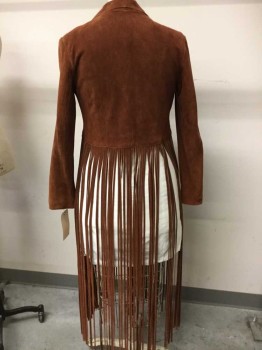 Womens, Leather Jacket, Maxima Wilson, Brown, Suede, Solid, M, Very Long Self Fringe, Self Tie Front, Long Sleeves, Notched Lapel, Condition = Good   A Few Torn Fringes At Back.