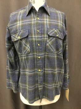 SEARS & ROEBUCK, Navy Blue, Gray, Lt Gray, Olive Green, Acrylic, Wool, Plaid, Flannel, Long Sleeves, Button Front, Collar Attached,