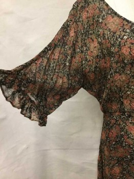 N/L, Black, Tan Brown, Peach Orange, Cream, Green, Polyester, Floral, Sheer, Deep Scoop Neck & Back, Self Cover Button Front, Small Ruffle Short Sleeve,  and Hem, Flair Bottom