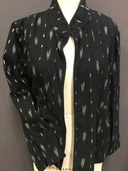 Womens, Casual Jacket, EILEEN FISHER, Black, Cream, Cotton, Abstract , M, Black W/cream Line/abstract, Stand Collar Attached and Open Front  W/solid Black Trim, Long Sleeves, 2 Slant Pockets
