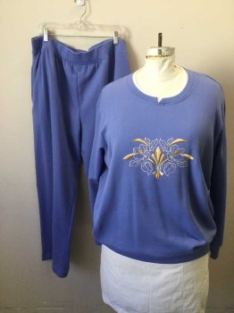 Womens, Sweatshirt, PEMBROOK, Lavender Purple, Gold, White, Cotton, Polyester, Solid, 3XL, L/S, CN, Slit at CF, White Collar Underneath, Gold Floral Embroidery on Front, Ribbed Knit Collar/Cuff/Waistband