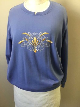Womens, Sweatshirt, PEMBROOK, Lavender Purple, Gold, White, Cotton, Polyester, Solid, 3XL, L/S, CN, Slit at CF, White Collar Underneath, Gold Floral Embroidery on Front, Ribbed Knit Collar/Cuff/Waistband