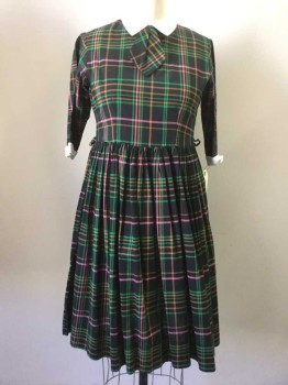 HONEY LANE, Black, Pink, Kelly Green, Brown, White, Cotton, Polyester, Plaid, White Pique Collar with Cravat, 1/2 Sleeves with White Pique Cuffs, Button Back, Gathered Skirt, Belt Loops,