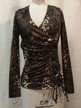 VENUS, Brown, Black, Ivory White, Gold, Synthetic, Animal Print, Brown/ Black/ Ivory/ Gold Leopard Print, Gold Specs, Cross Over Bust, Lace Up Faux Leather Side, Long Sleeves, V-neck