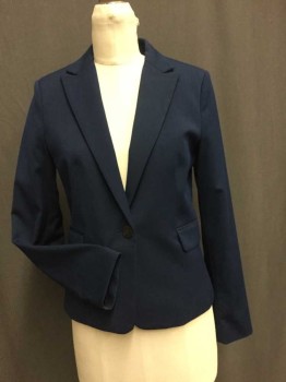 MANGO, Dk Blue, Polyester, Spandex, Solid, 1 Button Single Breasted, Notched Lapel, 2 Pockets with Flaps