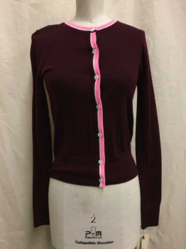 UNIQLO, Red Burgundy, Hot Pink, White, Wool, Solid, Stripes, Burgundy, White/ Hot Pink Trim, Button Front,