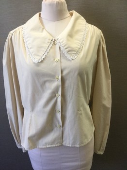 N/L MTO , Cream, White, Cotton, Solid, Cream Long Sleeve Button Front, White Sheer Eyelet Lace Trim, Oversized Collar, Puffy Sleeves Gathered at Shoulders, Made To Order