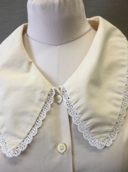 N/L MTO , Cream, White, Cotton, Solid, Cream Long Sleeve Button Front, White Sheer Eyelet Lace Trim, Oversized Collar, Puffy Sleeves Gathered at Shoulders, Made To Order