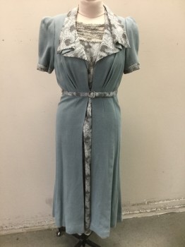 Womens, 1930s Vintage, Dress, N/L MTO, Slate Blue, Lt Gray, Gray, Charcoal Gray, Wool, Silk, Abstract , W:30, B:37, Crepe with Self Micro Grid Texture, Light Gray Chiffon Trim with Gray, Charcoal Swirl/Dot Pattern on Collar, Cuffs and Matching Self Belt, Short Sleeves, Puffy Gathered Sleeves with Shoulder Pads, Open Center Front with Hook/Bar Closure at Waist, Hem Mid-calf,  Silk Satin Lining, Made To Order Reproduction, **Comes with Noncoded Belt in Chiffon Fabric