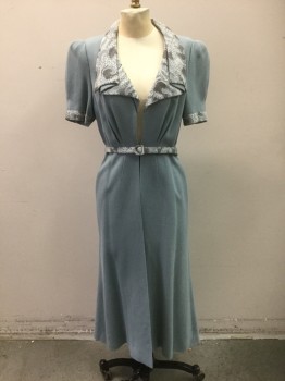 Womens, 1930s Vintage, Dress, N/L MTO, Slate Blue, Lt Gray, Gray, Charcoal Gray, Wool, Silk, Abstract , W:30, B:37, Crepe with Self Micro Grid Texture, Light Gray Chiffon Trim with Gray, Charcoal Swirl/Dot Pattern on Collar, Cuffs and Matching Self Belt, Short Sleeves, Puffy Gathered Sleeves with Shoulder Pads, Open Center Front with Hook/Bar Closure at Waist, Hem Mid-calf,  Silk Satin Lining, Made To Order Reproduction, **Comes with Noncoded Belt in Chiffon Fabric