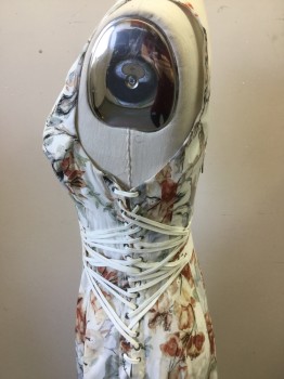 Womens, Dress, Sleeveless, HAUTE HIPPIE, White, Rust Orange, Slate Blue, Sage Green, Black, Silk, Floral, 4, Tank Style Top, A-line, Back Zipper, White Canvas Dbl Waist Strap Applique with Shoe Lace Ties Lacing Up Sides, White Lining