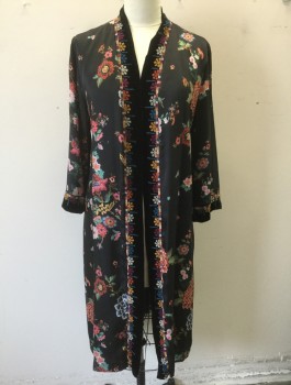 Womens, SPA Robe, JOHNNY WAS, Baby Blue, Multi-color, Silk, Cotton, Floral, L, Colorful Flowers on Black Silk, Black Velvet Trim with Colorful Geometric Embroidery, Long Sleeves, Open at Center Front with No Closures, Tightly Gathered Detail at Center Back Waist, Ankle Length