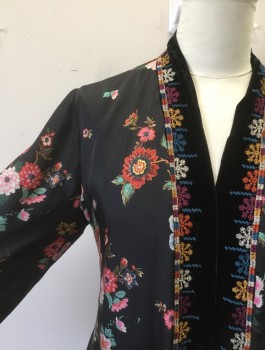 JOHNNY WAS, Baby Blue, Multi-color, Silk, Cotton, Floral, Colorful Flowers on Black Silk, Black Velvet Trim with Colorful Geometric Embroidery, Long Sleeves, Open at Center Front with No Closures, Tightly Gathered Detail at Center Back Waist, Ankle Length