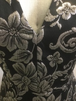 ALICE & OLIVIA, Black, Silver, Polyester, Acrylic, Floral, Black with a Silver Floral Brocade, V-neck, Cut Away Racer Back, Back Zipper, Flared Skirt