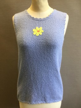 KIM ROGERS, Lt Blue, Yellow, Orange, Cotton, Solid, Floral, Tank Top Sweater, Yellow Embroidery Flower At Center Front,
