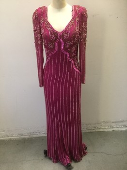 Womens, Evening Gown, ATH DAY, Fuchsia Pink, Pink, Gold, Pearl White, Silk, Beaded, L, Fuchsia Sheer Silk Chiffon Covered in Light Pink Pearls, Gold Bugle Beads, and Pink Metallic Sequins, Long Sheer Sleeves, Sweetheart Bust, Shoulder Pads, Bust Pads Built In, Floor Length Hem,