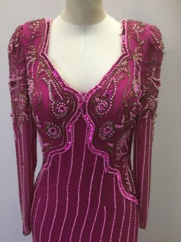 ATH DAY, Fuchsia Pink, Pink, Gold, Pearl White, Silk, Beaded, Fuchsia Sheer Silk Chiffon Covered in Light Pink Pearls, Gold Bugle Beads, and Pink Metallic Sequins, Long Sheer Sleeves, Sweetheart Bust, Shoulder Pads, Bust Pads Built In, Floor Length Hem,