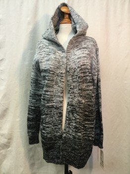 Womens, Sweater, AOWOFS, Gray, Black, Cotton, Synthetic, Heathered, Ombre, L, Heather Gray/black Ombre, Open Front, Hood, 2 Pockets,