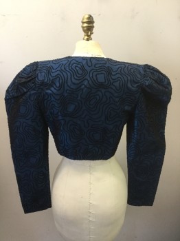 Womens, Evening Jacket, PERSPECTIVE, Iridescent Blue, Black, Rayon, Medium, Bolero, Puff Sleeves with Shoulder Pads, Black Flocking in Dotted Shapes Like Drops of Rain in a Pool of Water