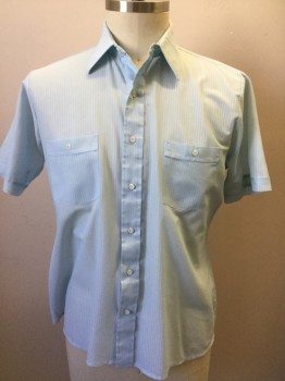 JC PENNEY, Lt Blue, Polyester, Stripes - Shadow, Button Front, Collar Attached, 2 Pockets, Short Sleeves