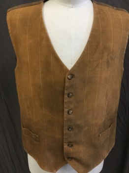 Mens, Historical Fiction Vest, BULL, Camel Brown, Lt Orange, Brown, Dk Brown, Wool, Polyester, Plaid-  Windowpane, 50, (Triple) Orangy-brown with Light Orange Windowpane with Dark Brown Lining, Light Brown Back with Adjustable Belt, V-neck, Single Breasted, 6 Button Front, 2 Slant Pockets Bottom (aged/stained)