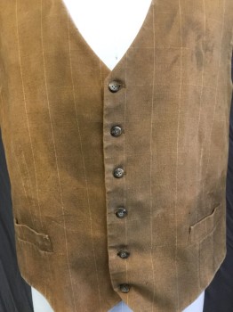 Mens, Historical Fiction Vest, BULL, Camel Brown, Lt Orange, Brown, Dk Brown, Wool, Polyester, Plaid-  Windowpane, 50, (Triple) Orangy-brown with Light Orange Windowpane with Dark Brown Lining, Light Brown Back with Adjustable Belt, V-neck, Single Breasted, 6 Button Front, 2 Slant Pockets Bottom (aged/stained)