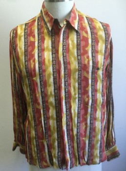 Mens, Club Shirt, MONDO DI MARCO, Multi-color, Brick Red, Black, Mustard Yellow, Cream, Rayon, Stripes - Vertical , Abstract , XL T, Abstract Paint Daubs/Geometric Patterns, Long Sleeve Button Front, Collar Attached, 1 Patch Pocket with Button Closure,