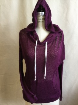 Womens, Pullover Sweater, AQUA, Red Burgundy, Cotton, Rayon, Solid, S, Pull Over with Hood- with White D-string Shoe Lace, Kangaroo Pouch Pocket, Side Split Hem,  3/4 Sleeves