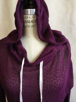 Womens, Pullover Sweater, AQUA, Red Burgundy, Cotton, Rayon, Solid, S, Pull Over with Hood- with White D-string Shoe Lace, Kangaroo Pouch Pocket, Side Split Hem,  3/4 Sleeves