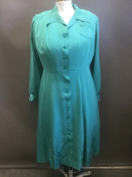 N/L MTO, Jade Green, Silk, Solid, Silk Gabardine, Long Sleeves, Shirtwaist, Pointy Collar Attached, Small Patch Pocket at Bust, Flared/Full Skirt, Knee Length, Pleats at Bust/Waist Center Front, Heavily Padded Shoulders, Made To Order