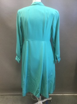 N/L MTO, Jade Green, Silk, Solid, Silk Gabardine, Long Sleeves, Shirtwaist, Pointy Collar Attached, Small Patch Pocket at Bust, Flared/Full Skirt, Knee Length, Pleats at Bust/Waist Center Front, Heavily Padded Shoulders, Made To Order