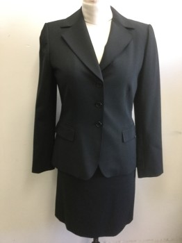 Womens, Suit, Jacket, TAHARI, Black, Polyester, Viscose, Solid, 6, Single Breasted, Wide Notched Lapel, 3 Buttons,  2 Flap Pockets, Shoulder Pads, Solid Black Lining