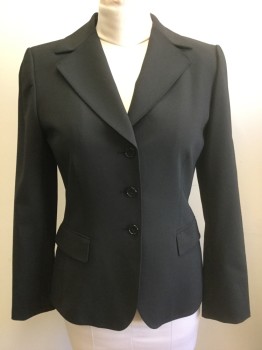 Womens, Suit, Jacket, TAHARI, Black, Polyester, Viscose, Solid, 6, Single Breasted, Wide Notched Lapel, 3 Buttons,  2 Flap Pockets, Shoulder Pads, Solid Black Lining