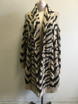 Womens, Sweater, CUPCAKES & CASHMERE, Beige, Black, Cotton, Acrylic, Animal Print, L, Zebra Print, Double Layer Front, Shawl Collar, Open Front, Long Sleeves, Long Cardigan, Solid Beige Ribbed Knit Cuff/Waistband