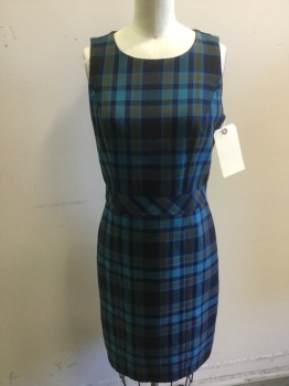 Womens, Dress, Sleeveless, TOMMY HILFIGER, Navy Blue, Turquoise Blue, Brown, Black, Polyester, Plaid, 2, Sleeveless, Round Neck,  Back Zip, Below Knee Length