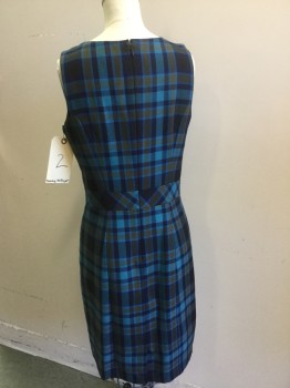 Womens, Dress, Sleeveless, TOMMY HILFIGER, Navy Blue, Turquoise Blue, Brown, Black, Polyester, Plaid, 2, Sleeveless, Round Neck,  Back Zip, Below Knee Length