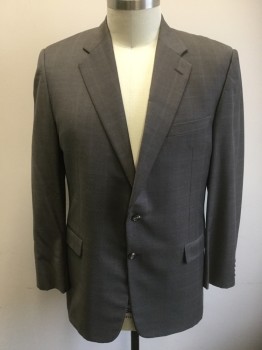 HICKEY FREEMAN , Taupe, Lt Blue, Lt Gray, Wool, Plaid-  Windowpane, Single Breasted, 2 Buttons,  Notched Lapel,