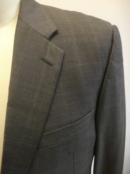 HICKEY FREEMAN , Taupe, Lt Blue, Lt Gray, Wool, Plaid-  Windowpane, Single Breasted, 2 Buttons,  Notched Lapel,