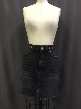 Womens, Skirt, Mini, ALL SAINTS, Faded Black, Silver, Cotton, Solid, Sz 6, 29, Denim, Zip Front, 5 + Pockets, Grommets All Around Waistband, Belt Loops, Frayed Unfinished Hem with Front Split