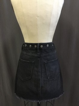 Womens, Skirt, Mini, ALL SAINTS, Faded Black, Silver, Cotton, Solid, Sz 6, 29, Denim, Zip Front, 5 + Pockets, Grommets All Around Waistband, Belt Loops, Frayed Unfinished Hem with Front Split