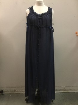 MTO, Navy Blue, Silk, Solid, Early 1800's Dress. Chiffon , Empire Line, Smocked Waist & Scoop Neckline, Sleeveless Button Front, Ribbon Ties at Side SeamNavy Nightgown, Lace Trim, Button Front, Drawstring Waist, Sleeveless