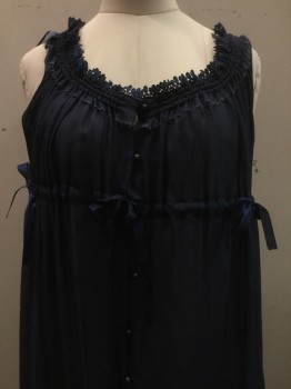 Womens, Historical Fiction Dress, MTO, Navy Blue, Silk, Solid, B 38, Early 1800's Dress. Chiffon , Empire Line, Smocked Waist & Scoop Neckline, Sleeveless Button Front, Ribbon Ties at Side SeamNavy Nightgown, Lace Trim, Button Front, Drawstring Waist, Sleeveless