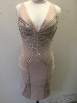 HERVE LEGER, Beige, Gold, Silver, Rayon, Nylon, Geometric, Peachy Beige Stretchy Bodycon Dress, 3/4" Straps, Plunging V-neck, Geometric Panels/Ribbing with Gold and Silver Sequins, Knee Length, Very Form Fitting, Invisible Zipper at Center Back **Has TV Alt, Taken in at Sides