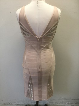HERVE LEGER, Beige, Gold, Silver, Rayon, Nylon, Geometric, Peachy Beige Stretchy Bodycon Dress, 3/4" Straps, Plunging V-neck, Geometric Panels/Ribbing with Gold and Silver Sequins, Knee Length, Very Form Fitting, Invisible Zipper at Center Back **Has TV Alt, Taken in at Sides