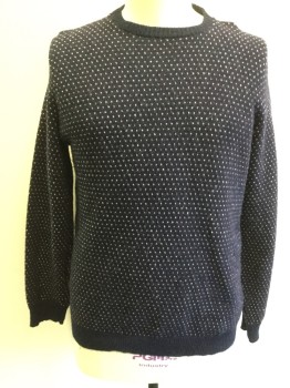 Mens, Pullover Sweater, DON LOPER, Navy Blue, Red Burgundy, White, Wool, Dots, XL, Navy with Burgundy and White Dots, Solid Ribbed Knit Crew Neck/Waistband/Cuff