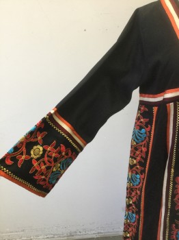 N/L, Black, Multi-color, Cotton, Floral, Abstract , Maxi Hippie Dress, Black with Colorful Floral Embroidery, Orange, Beige and Maroon Corded Trim at Square Neck, Empire Waist, Cuffs and Down Front, Red/Blue and Gold Floral Embroidery Throughout, Long Wide Sleeves, Floor Length,