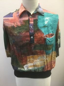 N/L, Multi-color, Rust Orange, Teal Green, Turmeric Yellow, Black, Rayon, Abstract , Painterly Abstract Pattern with Text Quoted From Literature, Short Sleeves, 4 Button Placket, Collar Attached, Solid Black Rib Knit Waistband, 1 Welt Pocket, Early 1990's