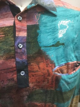 N/L, Multi-color, Rust Orange, Teal Green, Turmeric Yellow, Black, Rayon, Abstract , Painterly Abstract Pattern with Text Quoted From Literature, Short Sleeves, 4 Button Placket, Collar Attached, Solid Black Rib Knit Waistband, 1 Welt Pocket, Early 1990's