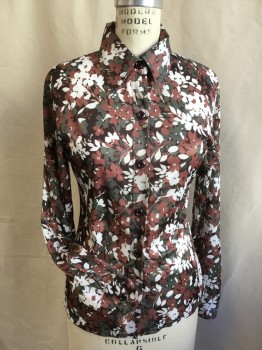 Womens, Blouse, DOLLHOUSE, Brown, Olive Green, Off White, Dk Brown, Polyester, Floral, B34, M, Collar Attached, Button Front, Long Sleeves,
