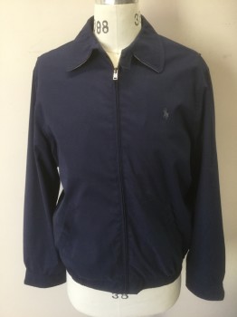 POLO RALPH LAUREN, Navy Blue, Polyester, Cotton, Solid, Zip Front, Collar Attached, 2 Pockets, Lining is Navy with Gray Grid Pattern, Elastic Waist